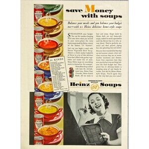 Heinz 57 Soups Homemade Style "Save Money with Soups" Vintage Print Ad 1936